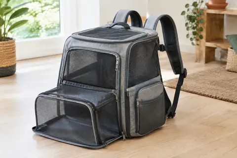 Sac à dos de transport gris extensible, avec fenêtres en maille, bretelles réglables et poches latérales
