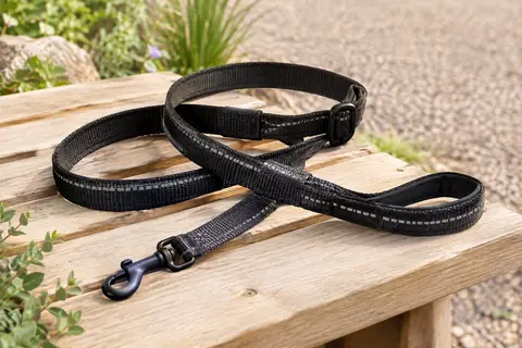 Laisse retriever noire en nylon avec boucle, arrêt intégré, dragonne et bandes réfléchissantes