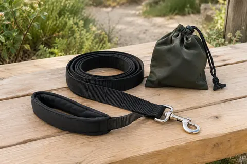 Longe noire pour chien en nylon, avec poignée rembourrée, mousqueton rotatif et sac de rangement