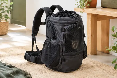 Sac à dos de transport noir avec bretelles rembourrées, ouverture réglable et poches en maille