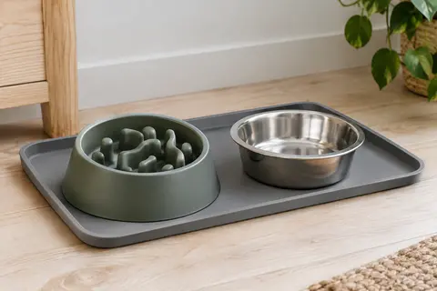 Set gris avec bol anti-glouton, coupelle en inox et tapis en silicone à rebords relevés