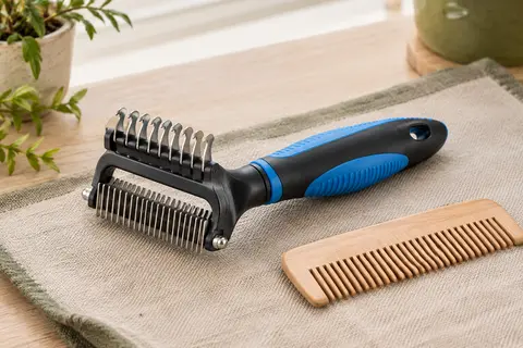 Brosse démêlante double face noire et bleue avec dents en inox et poignée à trou de suspension