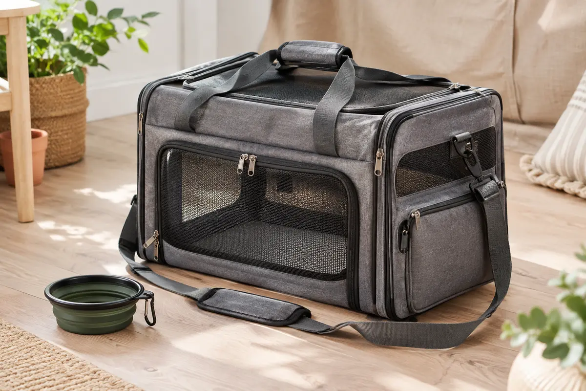 Sac de transport Morpilot gris à côtés souples, avec panneaux en maille, poches et bandoulière.