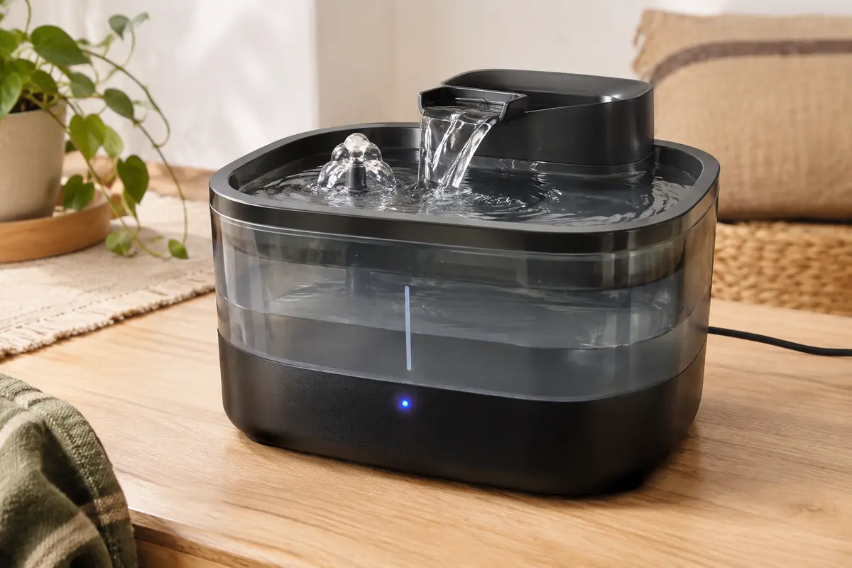 Fontaine à eau noire pour animaux avec réservoir semi-transparent, LED intégrée et eau en circulation
