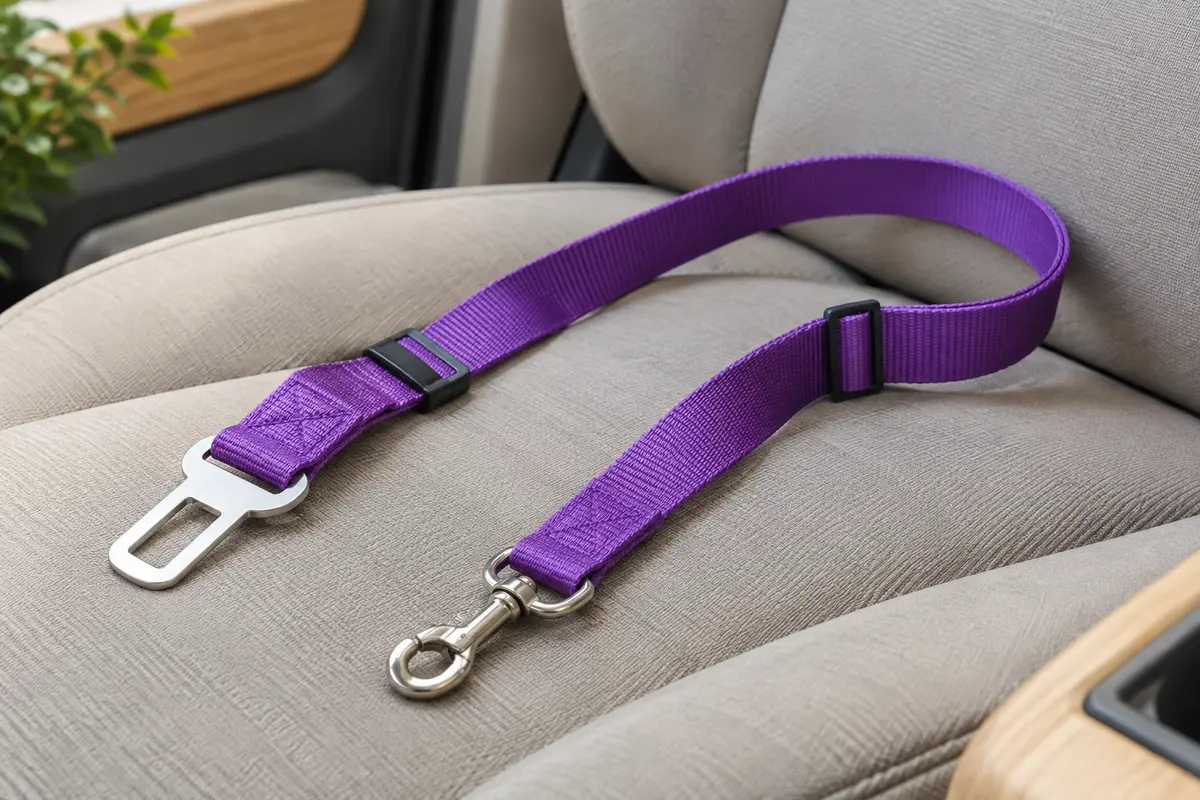 Laisse ceinture de voiture violette en nylon, avec sa boucle et son clip visibles sur un siège.