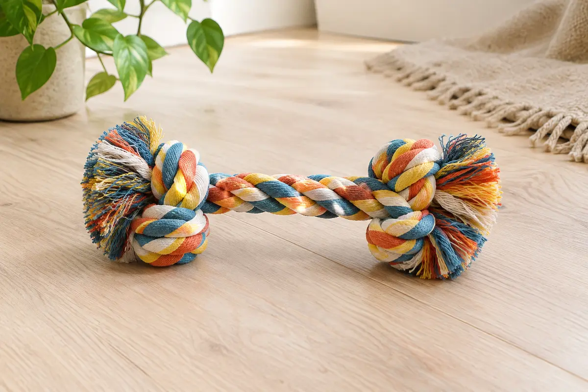 Jouet pour chien en corde de coton multicolore, en forme d’os avec quatre nœuds, posé sur du bois clair.