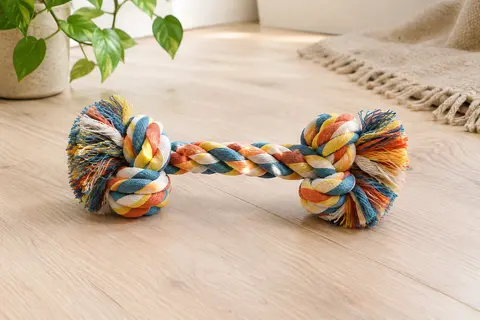 Jouet pour chien en corde de coton multicolore, en forme d’os avec quatre nœuds, posé sur du bois clair.