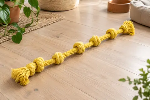 Corde en coton jaune à six nœuds, posée sur un sol en bois clair dans un intérieur lumineux.