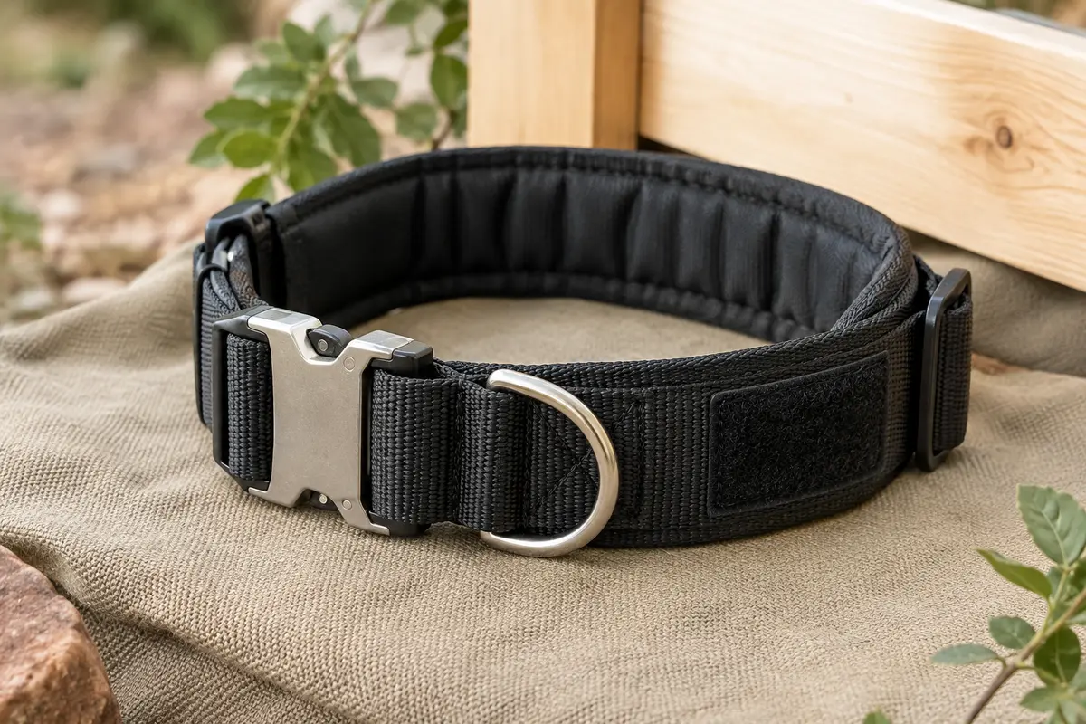 Collier pour chien noir en nylon rembourré, avec boucle métallique, anneau en D et panneau velcro.