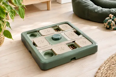 Puzzle carré pour chien avec plateau coulissant et friandises, posé dans un intérieur lumineux