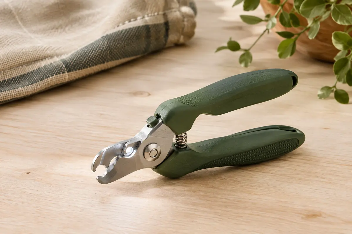 Coupe-griffes vert rechargeable avec lames droites en acier inoxydable et éclairage intégré.