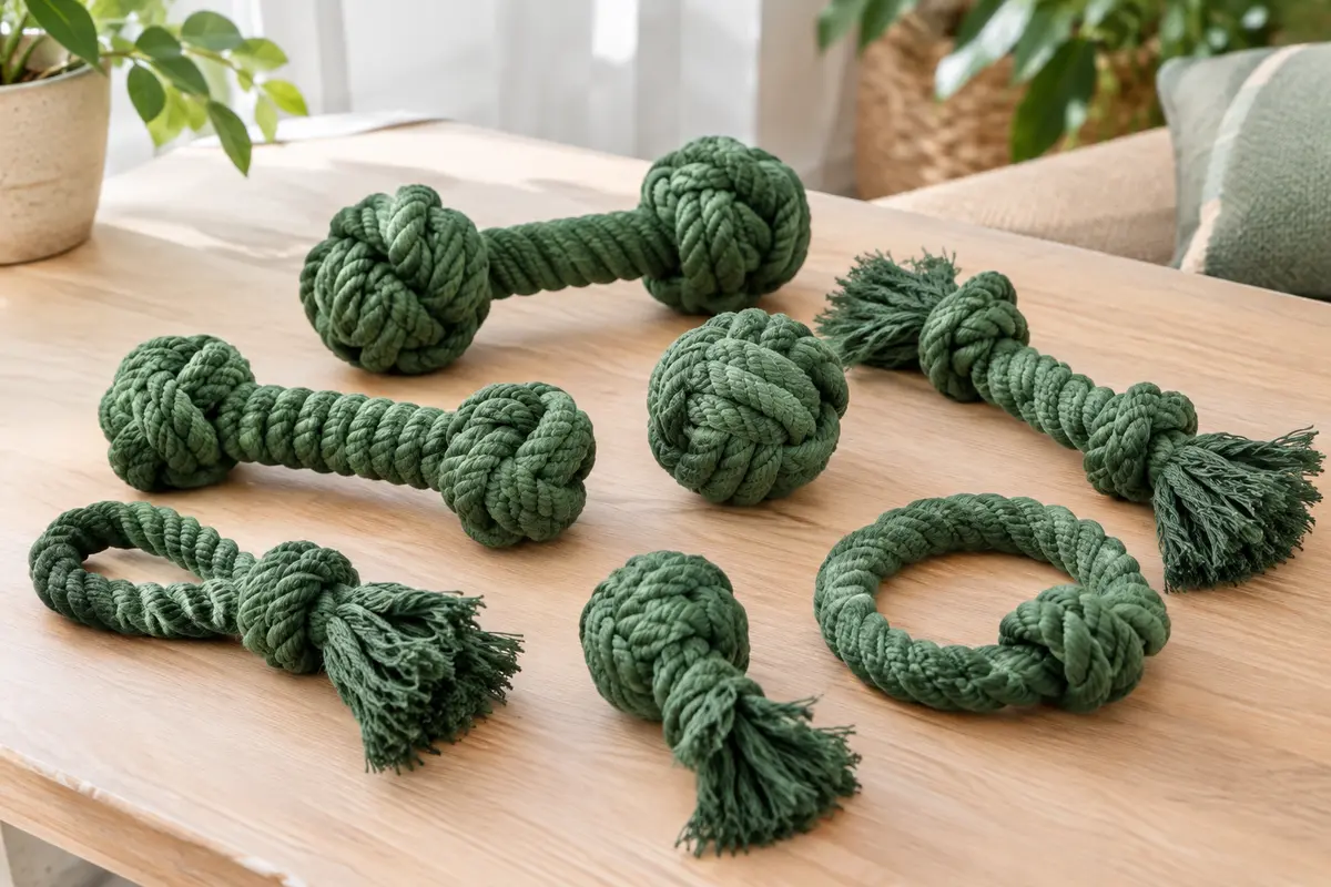 Sept jouets verts en corde de coton pour chien, avec des balles et des nœuds disposés sur du bois clair.