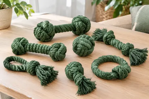 Sept jouets verts en corde de coton pour chien, avec des balles et des nœuds disposés sur du bois clair.