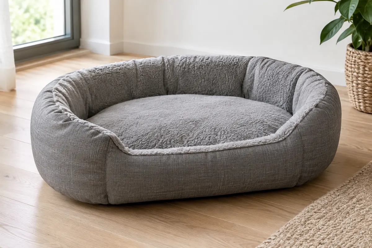Panier ovale gris pour chien avec matelas épais et rebords rembourrés, posé sur un parquet clair