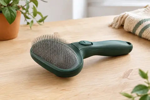 Brosse Pecute verte à tête oblongue, dents en acier et bouton de retrait des poils