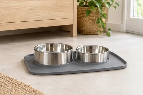 Deux bols en acier inoxydable posés sur un tapis gris en silicone à rebord relevé