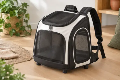 Sac à dos de transport noir et blanc avec fenêtres en maille, bretelles renforcées et ouverture supérieure