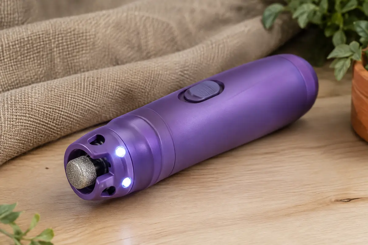 Lime électrique violette pour griffes de chien et de chat, avec tête abrasive et éclairage LED.
