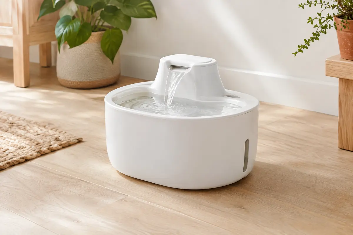 Fontaine à eau blanche pour animal avec jet cascade, installée dans un intérieur lumineux