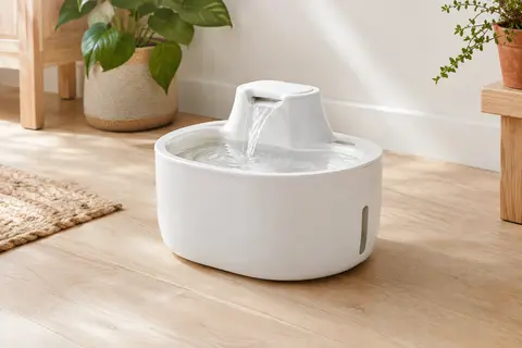 Fontaine à eau blanche pour animal avec jet cascade, installée dans un intérieur lumineux