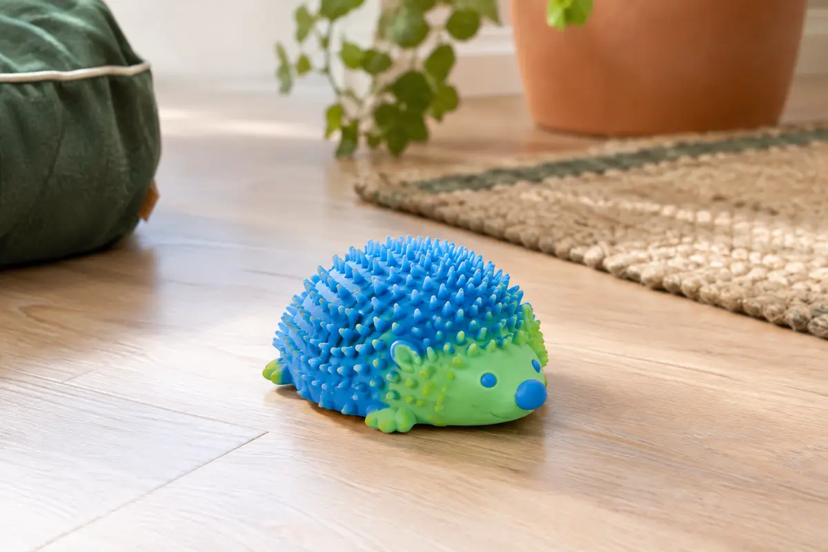 Jouet à mâcher pour chien en forme de hérisson bleu et vert, avec une surface à picots