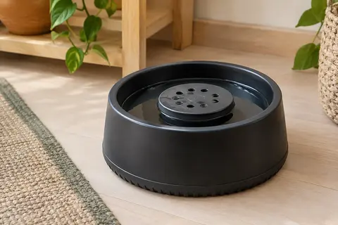 Gamelle ronde noire pour chien avec plateau flottant percé, posée dans un intérieur lumineux