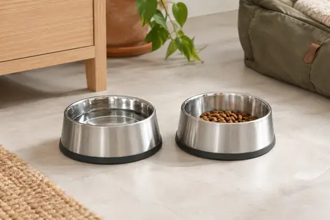 Deux gamelles grises en inox pour chien, avec fond en silicone antidérapant, posées sur un sol clair.