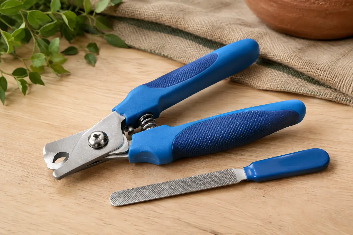 Coupe-griffes bleu avec lame en acier inoxydable et lime, posé sur une surface en bois clair.