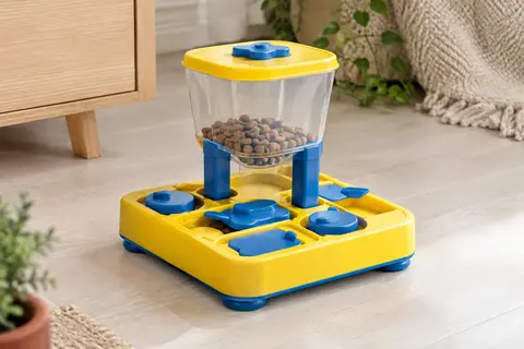 Jouet puzzle pour chien jaune et bleu à deux niveaux, avec réservoir transparent et compartiments à friandises.