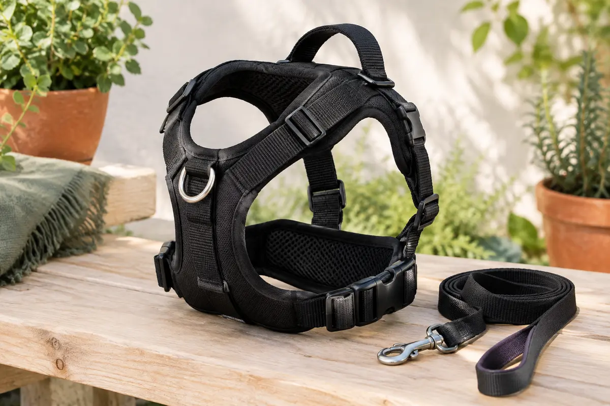 Harnais noir pour chien avec doublure en maille, sangles réglables, poignée supérieure et anneau métallique.
