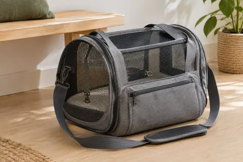 Sac bandoulière gris pour petit animal avec panneaux en maille, sangle réglable et poche avant zippée