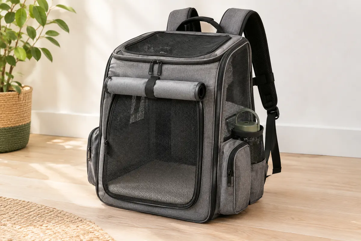 Sac à dos gris pour chien et chat avec fenêtres en maille, poches latérales et bretelles rembourrées