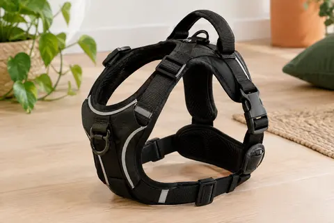 Harnais noir pour petit chien avec sangles réglables, attache avant, poignée arrière et bandes réfléchissantes