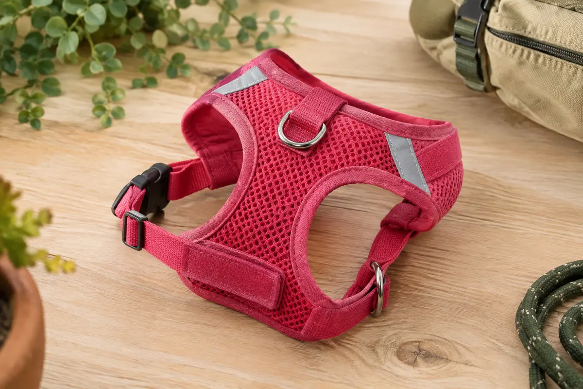 Harnais rose rouge en maille pour petit chien, avec boucle, anneaux en D et bandes réfléchissantes
