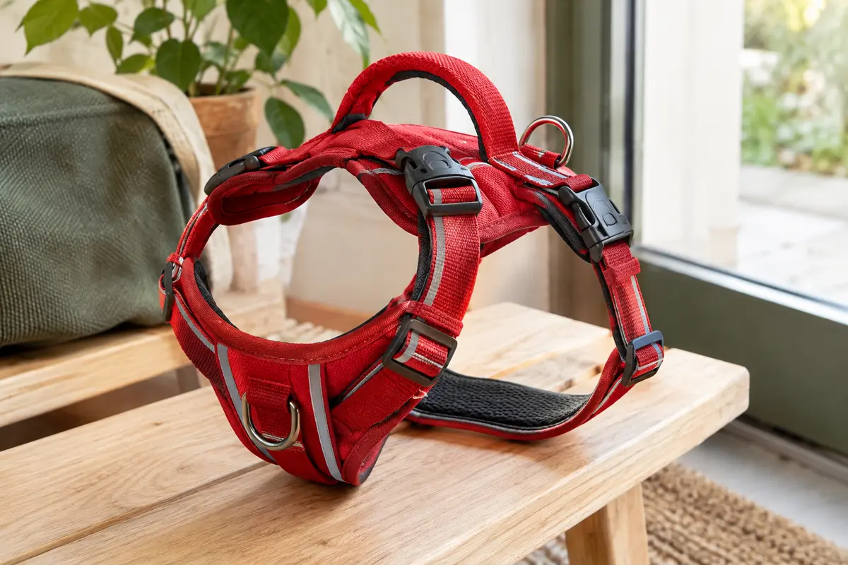 Harnais rouge pour chien à trois boucles, avec poignée dorsale, attaches métalliques et bandes réfléchissantes.