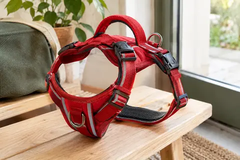 Harnais rouge pour chien à trois boucles, avec poignée dorsale, attaches métalliques et bandes réfléchissantes.