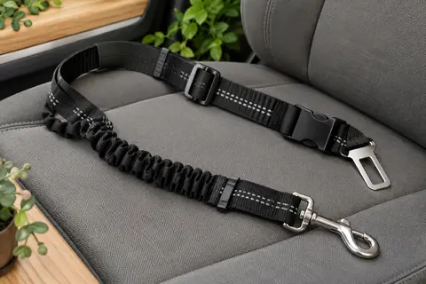 Ceinture de voiture pour chien en nylon noir avec sangle réglable, boucles et mousqueton pivotant.