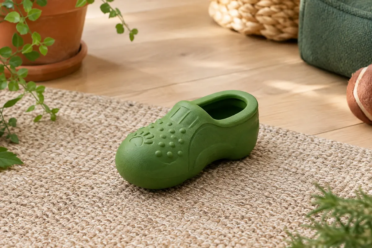 Jouet à mâcher vert en caoutchouc naturel, en forme de chausson avec une cavité pour friandises