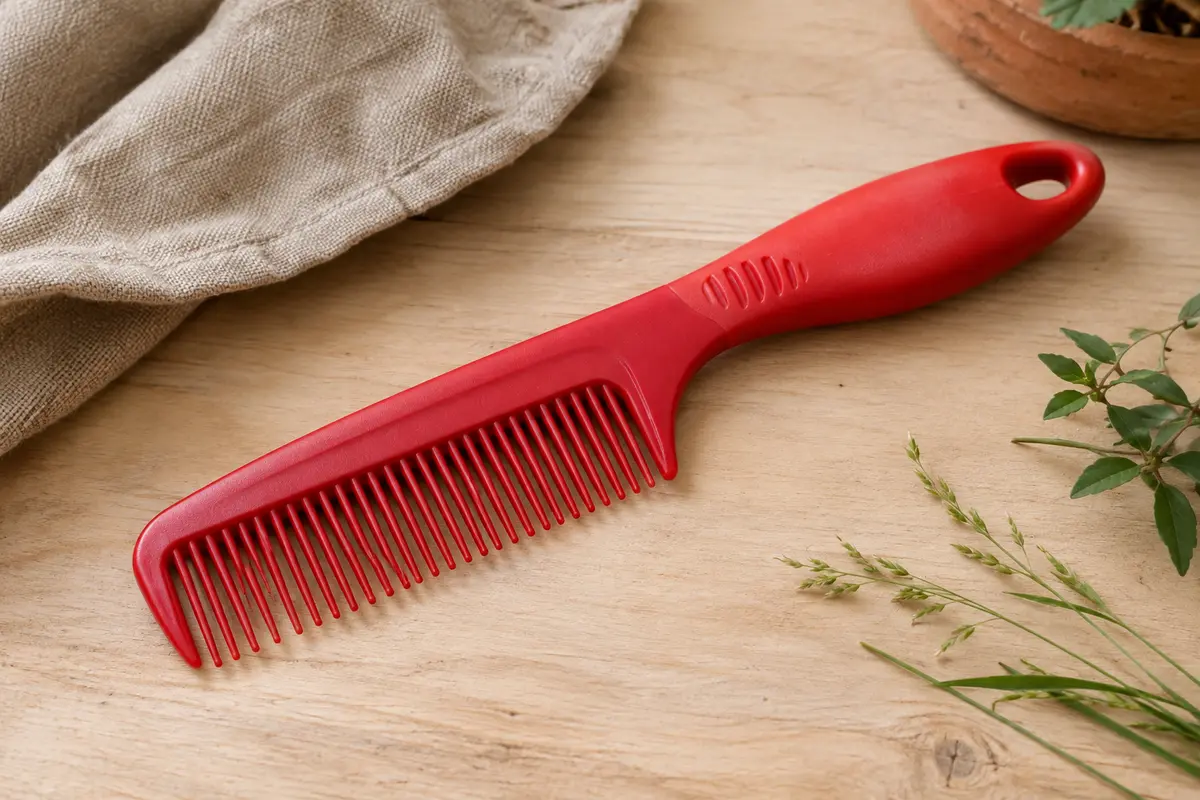 Peigne de toilettage rouge à dents de hauteurs différentes posé sur une surface en bois clair.