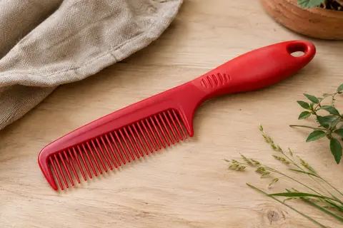 Peigne de toilettage rouge à dents de hauteurs différentes posé sur une surface en bois clair.