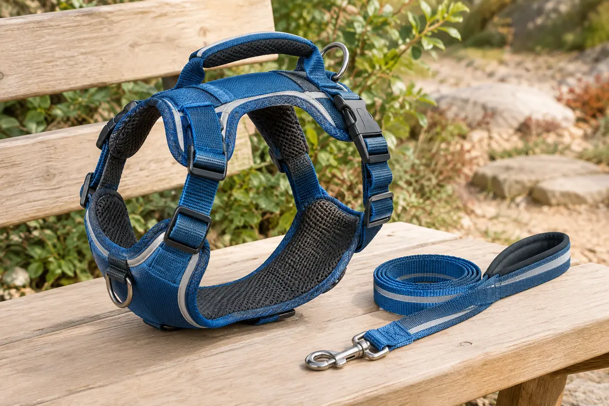 Harnais bleu pour chien avec deux anneaux, poignée supérieure, bandes réfléchissantes et laisse assortie