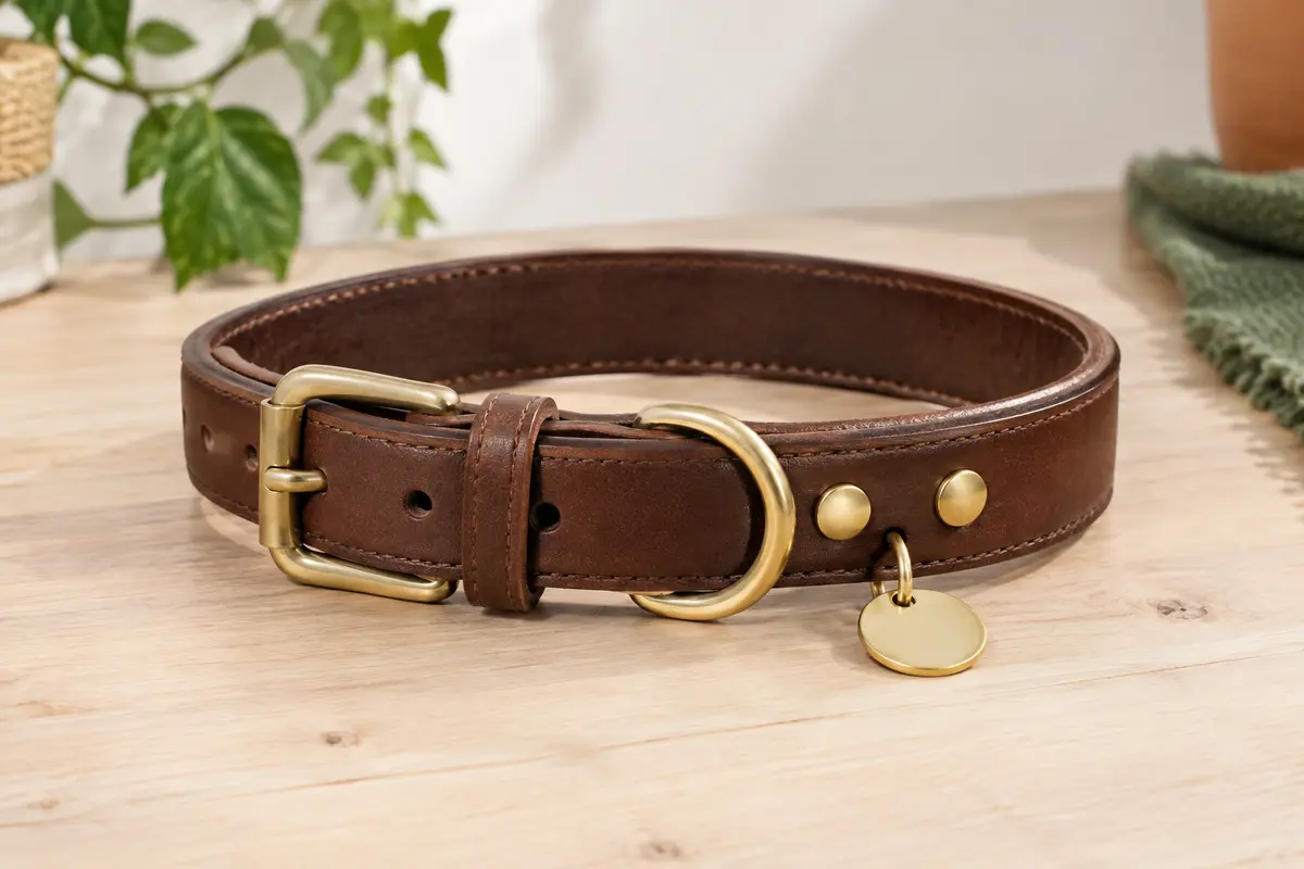 Collier marron en cuir pour chien avec boucle en alliage, anneaux métalliques et plaque dorée