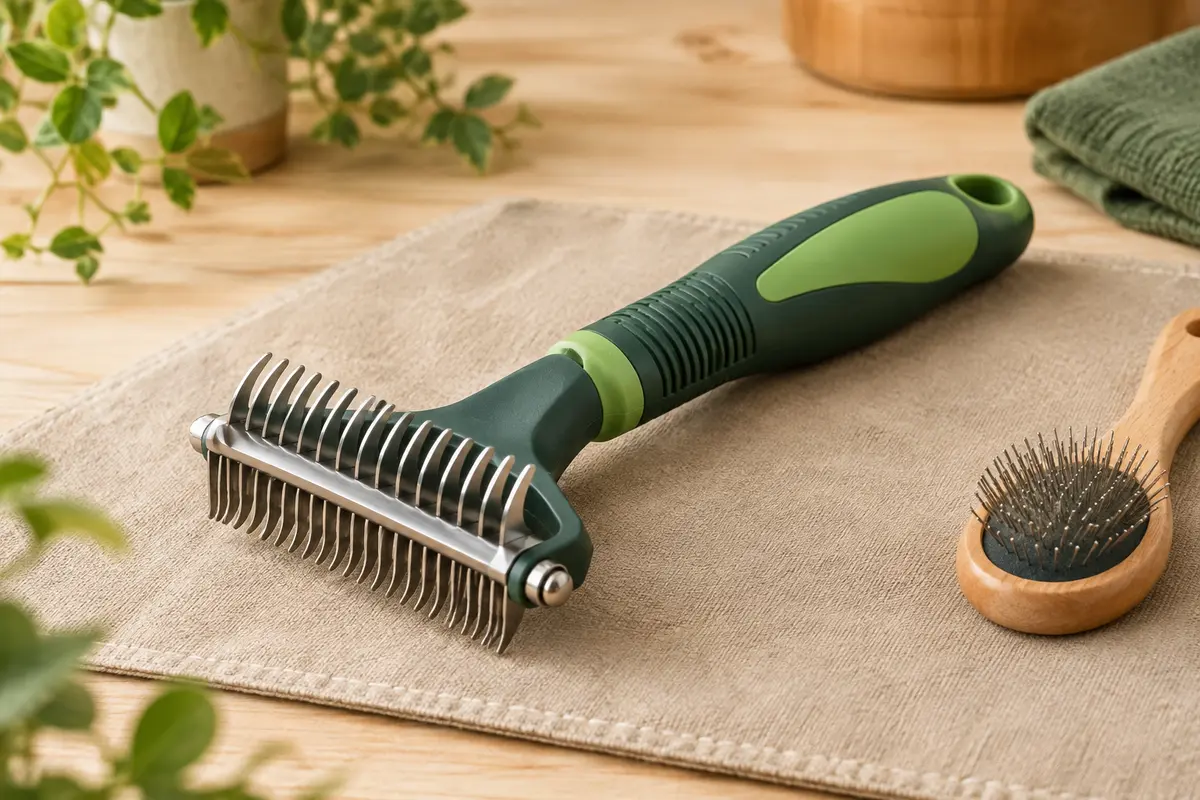 Râteau démêloir vert à deux faces avec dents métalliques pour le toilettage des animaux