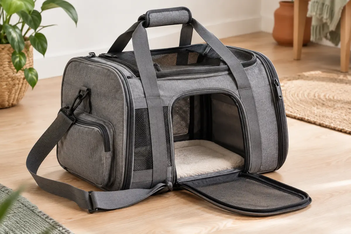 Sac de transport gris pliable pour chat, avec ouvertures en maille, poignées et poche latérale