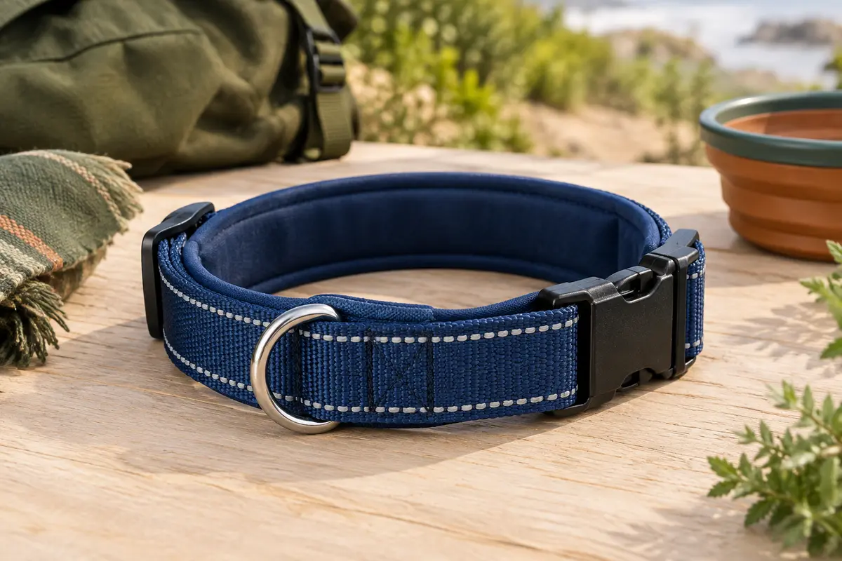 Collier pour chien bleu foncé en nylon rembourré, avec boucle rapide et coutures réfléchissantes.