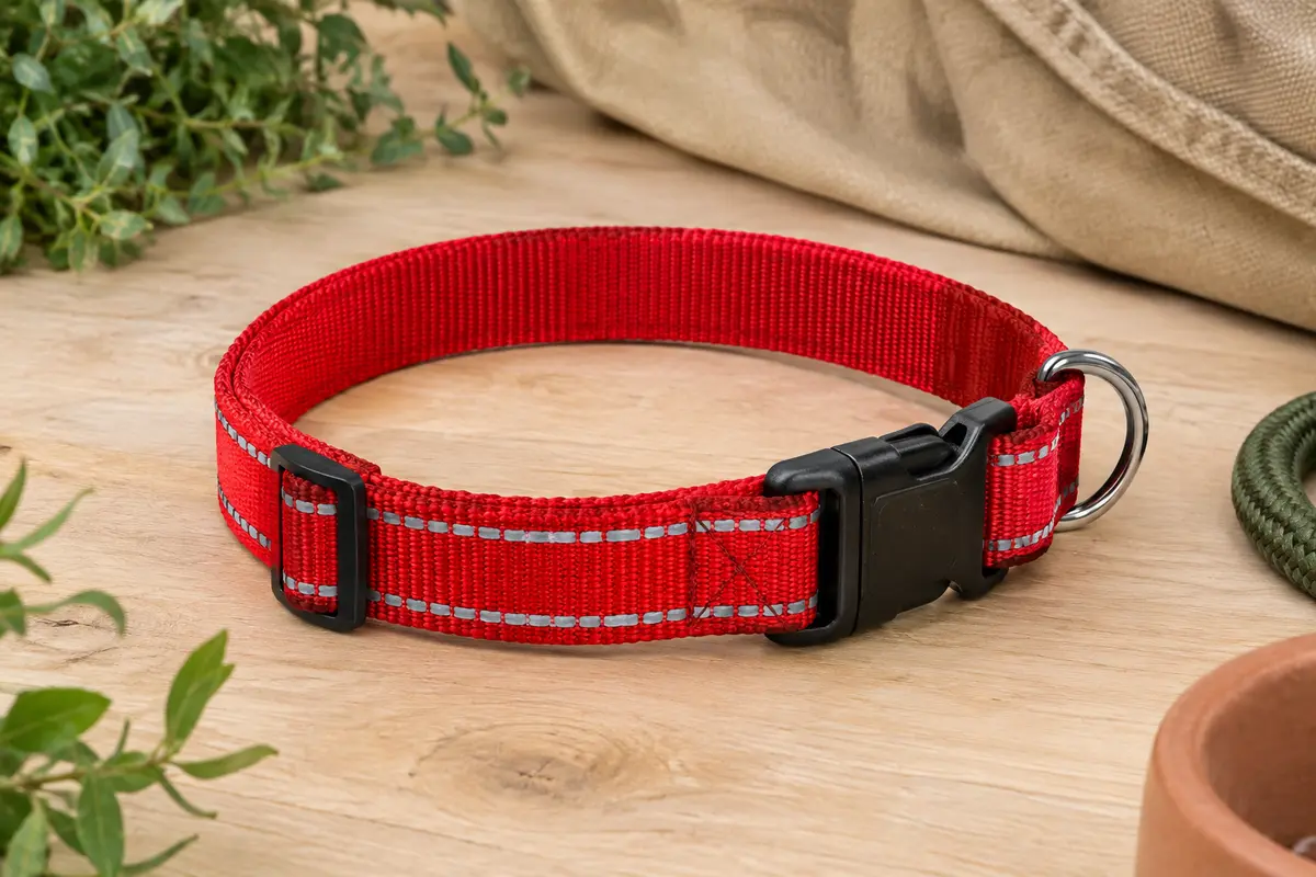 Collier pour chien rouge en nylon avec fils réfléchissants, boucle rapide et sangle réglable