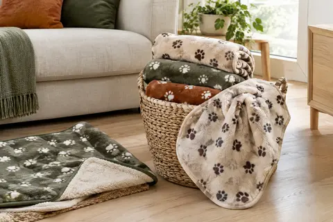 Couvertures pour chien en peluche douce à motifs de pattes, disposées sur un panier dans un intérieur lumineux.