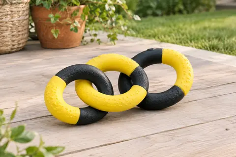 Jouet de traction pour chien en caoutchouc jaune et noir, formé de trois anneaux