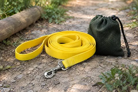 Longe de dressage jaune enroulée avec poignée cousue et mousqueton pivotant, près de son sac en filet.