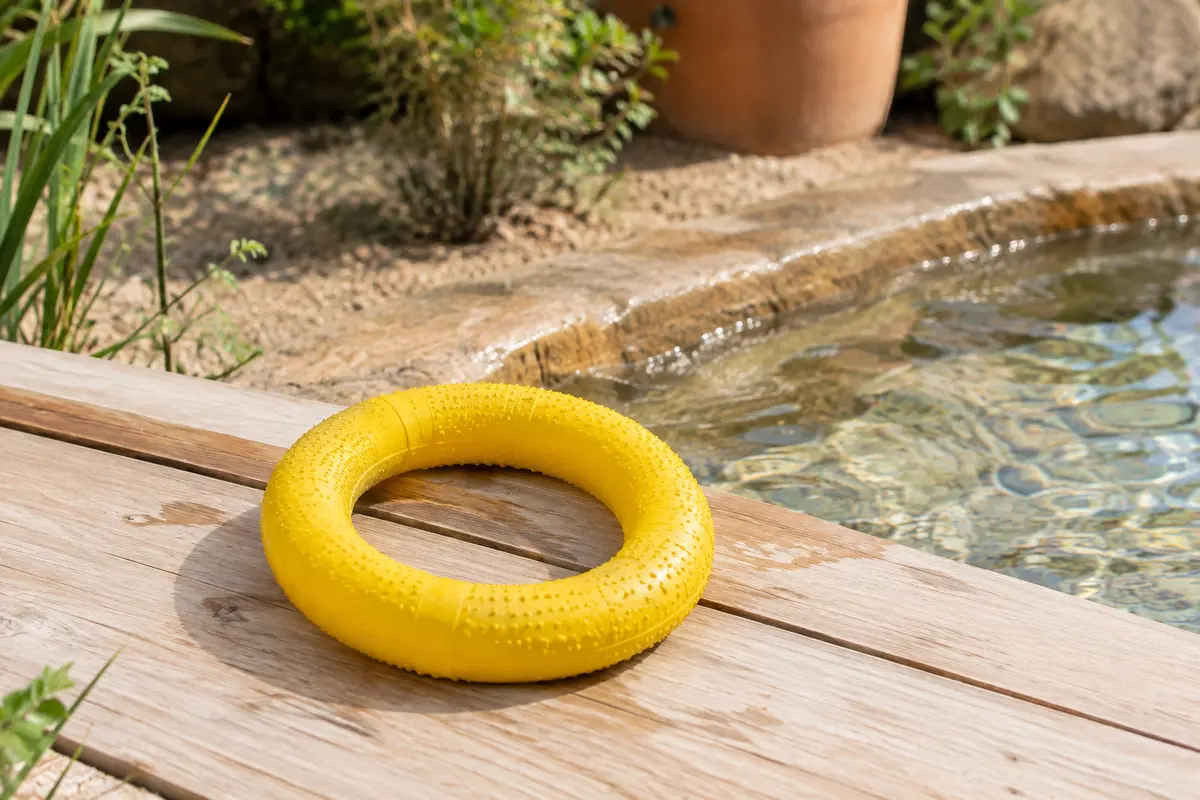 Anneau flottant jaune en TPR pour chien posé près d’un bassin dans un décor extérieur lumineux.